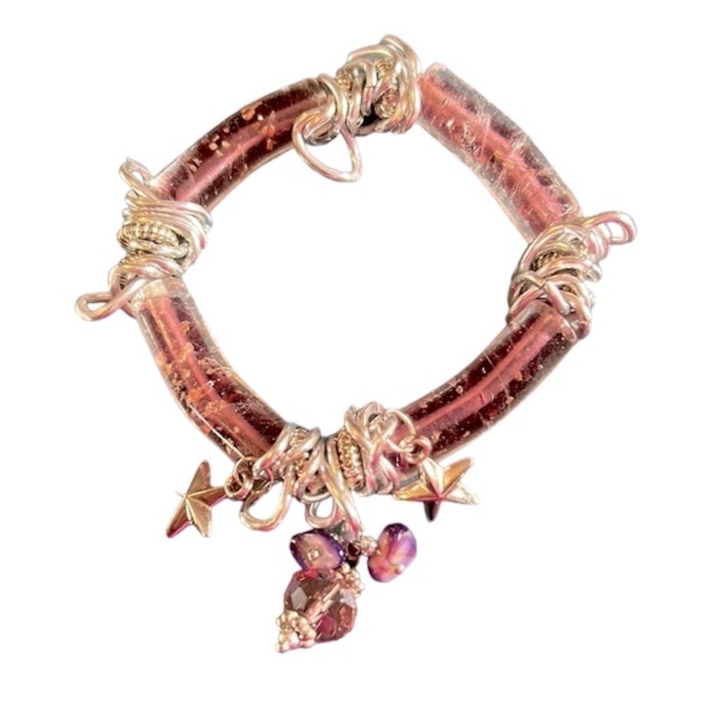 Purple Glass Bead Tube and Silver Stretch Bracelet